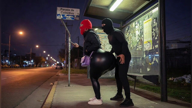 Animate golden: Rabuda latina em calças de couro apertadas no bus stop...