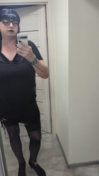Sissy in Chastity Dances in Stockings & Heels with Big Fake Tits - Wednesday Addams Cosplay