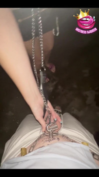 Late Night Stroll with My Locked Chastity Subs Caged Cock Exposed and on a Leash