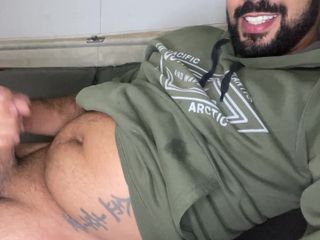 Licking me with pleasure: Bearded big cock jerking off and smearing himself with cum