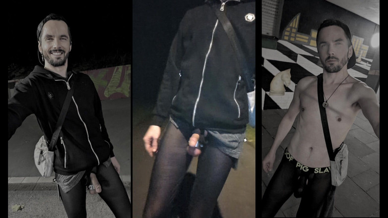 kinkygaynudist: Berjalan melalui bandar dalam bingkap tembus pandang (megging bonjolan)