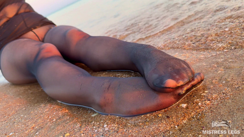 Mistress Legs: Sea Waves Gently Kiss the the Goddess Feet in Black...