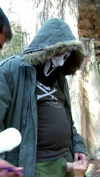 Sexy blonde milf Gina fucked by two guys in roleplay in forest