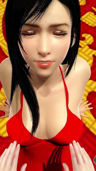 Tifa Lockhart trong chiếc váy ngắn màu đỏ bùng nổ con cu to bằng cách sử dụng bộ ngực to của cô ấy để thủ dâm