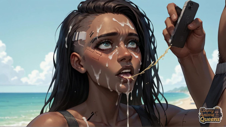 Ebony Anime Queens: Černá cyberpunk plážová děvka. Nejlepší porno vůbec! Nadržená děvka!