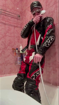 Leather Biker Kinkysirius Take a Shower in Motogear Fetish Outfit!