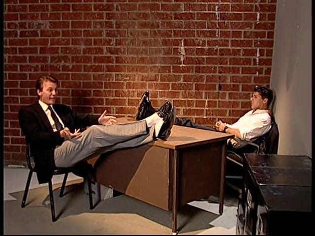 Old Good Porn: Natural tits redhead whore seduces guys on the office table