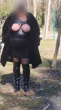 Julie Walking Through a Car Park Wearing Fur Coat, See Her Bound Tits Sticking Out
