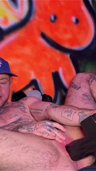 Tattooed Tboy XXX Skips Stretches His Pink Boy Pussy with an Xl Cross Dildo