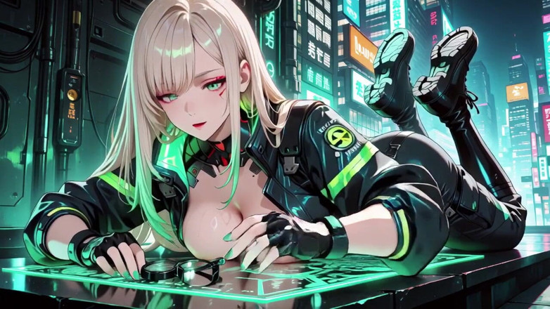 Tay Swift X: Neon Rain Night! Blonde Agent in Wet Leather Crouching Low,...