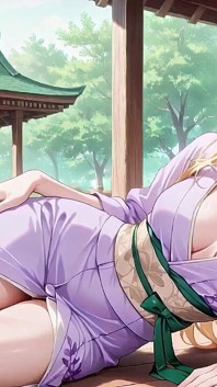 Blonďatá šéfka v mokrém fialovém županu! Zvůlně přepíná mezi japonskou zahradou a její soukromou ložnicí