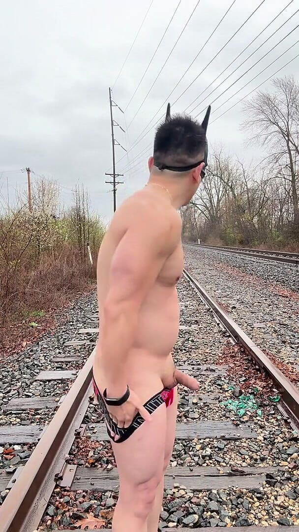 Rain-soaked Asian Muscle God in Jockstrap Bounces Pecs, Shows V-taper & Eats His Massive Load on Train Tracks (Barenakedmuscles) Rain-soaked Asian Muscle God in Jockstrap Bounces Pecs, Shows V-taper & Eats His Massive Load on Train Tracks (Barenakedmuscles)