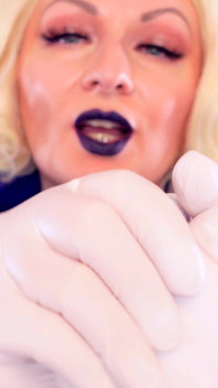 Medical nitrile white nurse gloves and fur with dark lipstick - Blonde ASMR