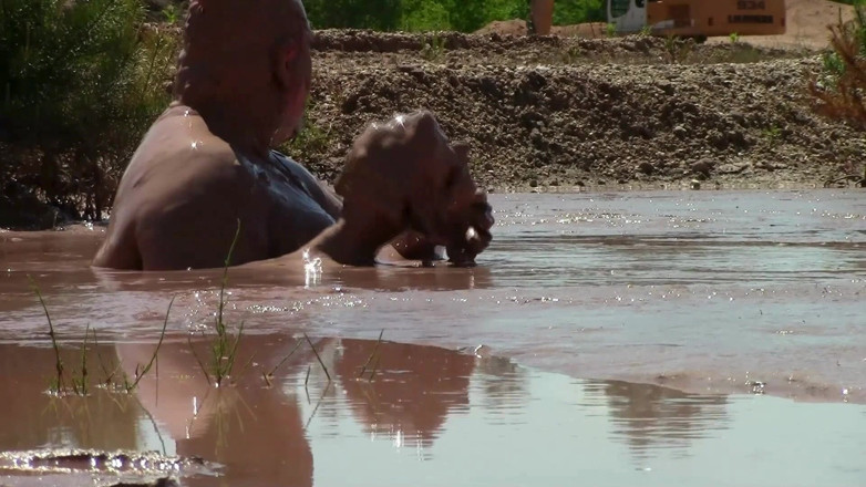 Muddy chubby: Mandi lumpur dalam lubang pasir dengan lumpur coklat yang dalam,...