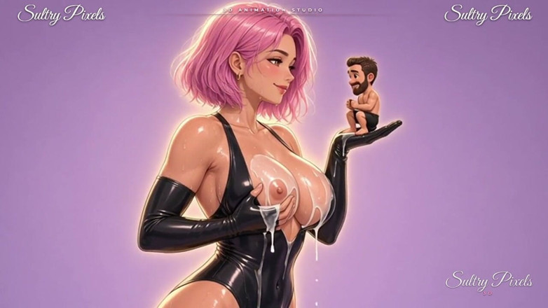 Sultry Pixels 3D: Dominatrix de látex anime besa al pequeño hombre en su...