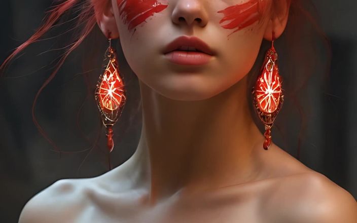 AI Girls: नियोन लाल आंखों वाली चित्रित युद्ध पट्टियों में लिपटी सुंदर युवा महिला की कलात्मक नग्न । असली Ai स्लाइड शो