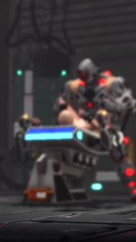Cyborg, sexe masculin de science-fiction, joue avec une jeune bombasse sexy dans des contraintes dans le laboratoire