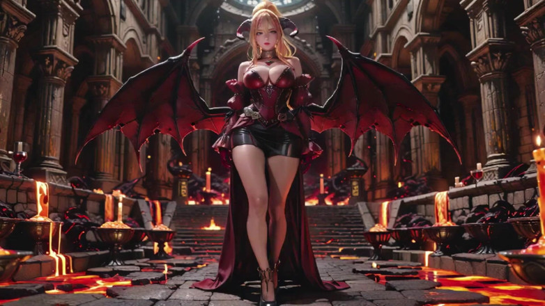 Seraphina Vale: Lava troon! Blonde demonkoningin knielt en spreidt haar vleugels, lui...