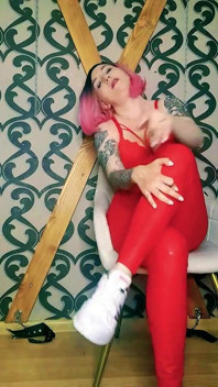 Lady Angela Bare Feet and Sneakers Red Latex Leggings Fetish Femdom