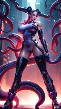 Cyberpunk kobiety Androidy walczą zmutowaną ośmiornicą