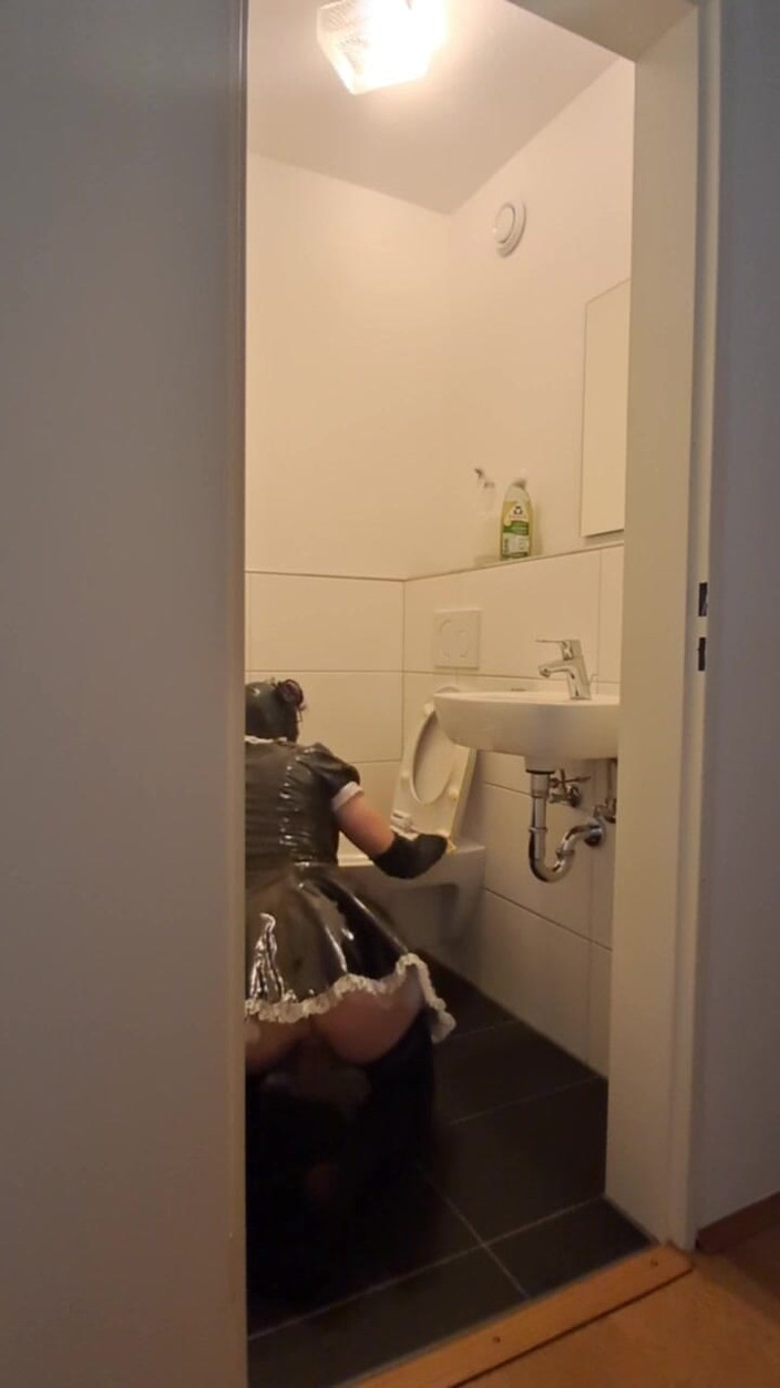 2GirlTs1Cock: Caged Sissy Maid Slave - Cleaning the Bathroom for Mistress and...