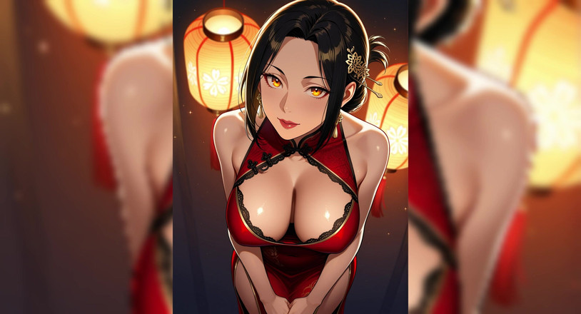 AI Porn: Red Dress Seductive Waifu
