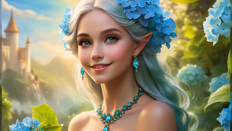 LustRender: Nahá kráska Holding Sky-blue Hydrangea | Nefritová zelená diamantová elegance | Umělecká...