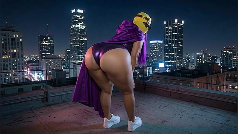 Animate golden: Pequeña culona superheroine twerking en la azotea