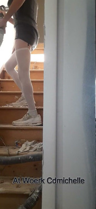 At Work Cdmichelle Sanding Drywall Before Doing Drywall Repair Wearing Sexy Garter Stspes Liingerie & Sexy Dres