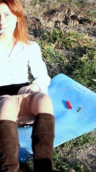 Redhead Smoking and Showing Her Ass, Legs and Pussy in Pantyhose