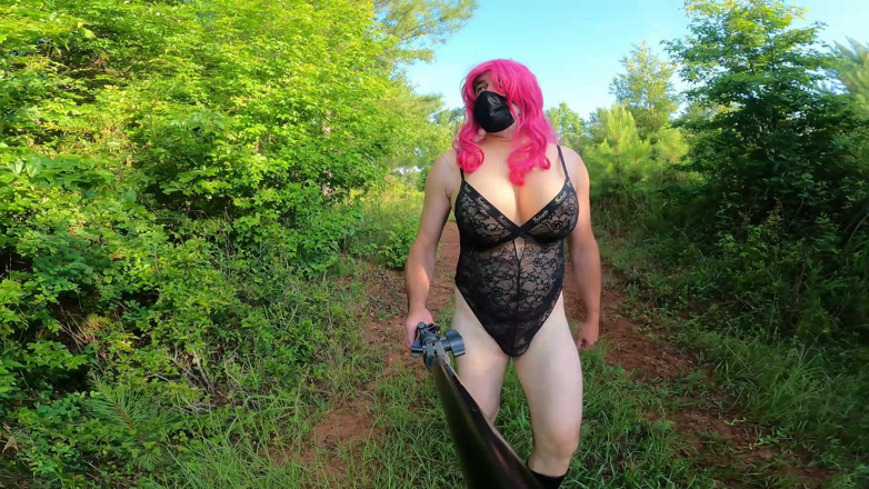 Jon Screcrow: Gigantic Fake Tits Crossdresser Walking Outdoors Masturbating