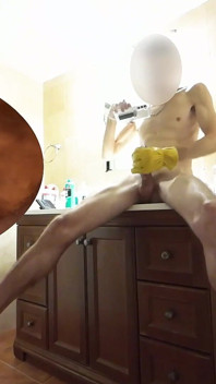 Muscular Slim Body Guy Hard Jerking off Uncut Huge Cock by Yellow Leather Glove