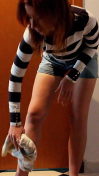 Skinny Redhead Cleaning Her Pipi Accident, She Just Wet Her Short Pants with Her Hot Pee