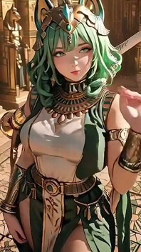 Green-haired Egyptian Queen! Kneeling in the Golden Hall, Guarded by Sphinxes.