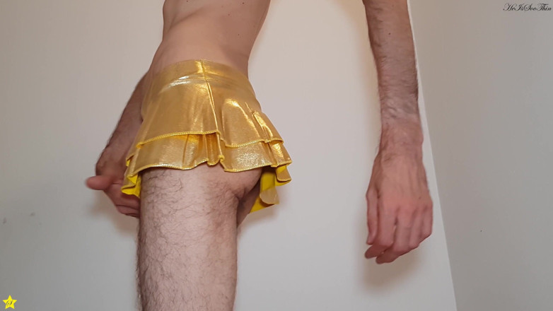 HeIsSooThin: Golden Miniskirt -couldn't Wait- Try on