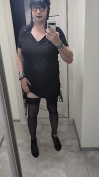 Sissy in Chastity Dances in Stockings & Heels with Big Fake Tits - Wednesday Addams Cosplay
