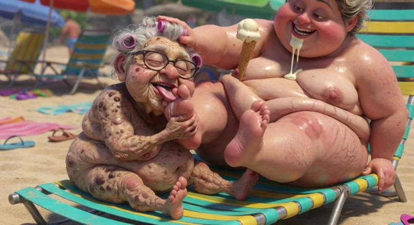 Anime Hentai: Oudere oma zuigt hartstochtelijk aan bbw-voeten op het strand