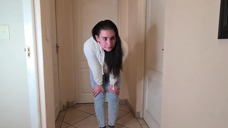 domslutfucker: Brunette Slut Desperately Needs to Piss, Pisses in Her Blue...