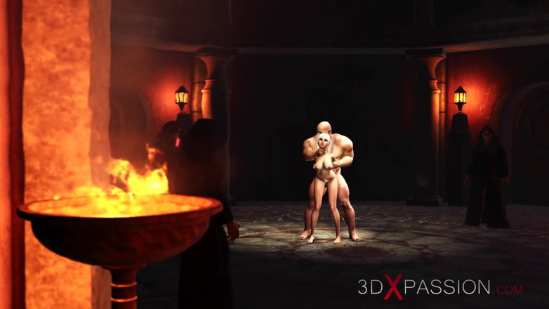 3dxpassion: Ритуальна церемонія. Сексуальну молоду блондинку жорстко трахає великий чоловік у середньовічному замку