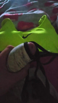 Using My Step Sis Bra to Help Me Cum in Her Green Nike Pro Sports Bra