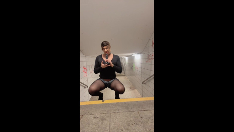 SissyDaniella: Sissy riding dildo outside