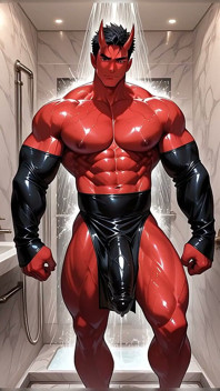 Oni Demon Solo Pumping with Condom Stretched Tight in Marble Bathroom