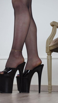 Shoe Collection Extreme High Heel Black Shiny Stripper Mules - Dame Olga