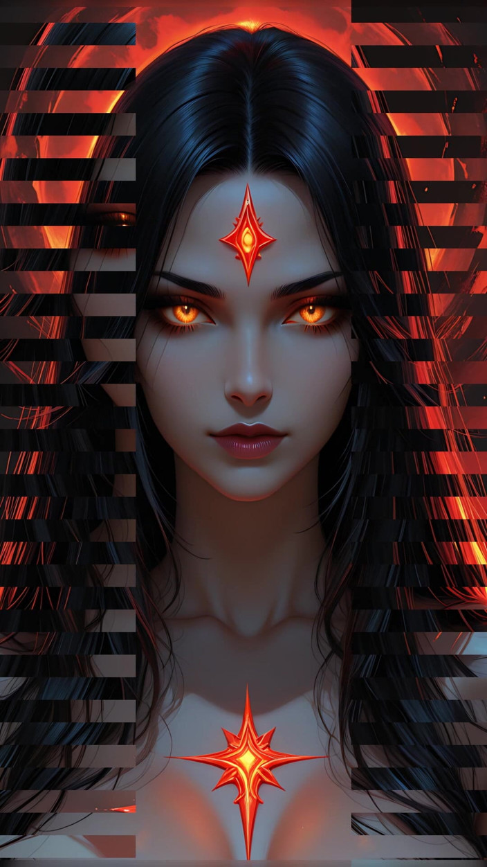 VelvetInk Studio: Shadow Assassin Warrior Woman with Jet Black Hair and Amber...