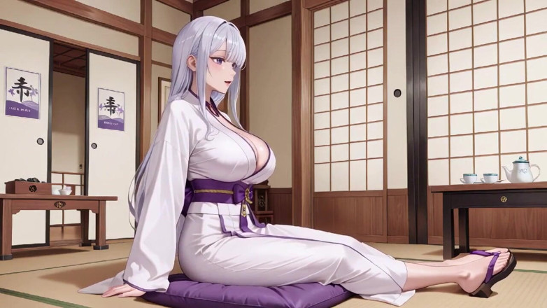 Tay Swift X: Stříbřité tajemství svatyně Miko! Napůl rozepnutá bílá kimono, klečící póza...
