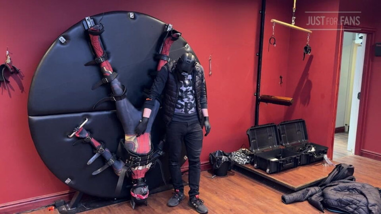 Inmate Cody and SubEdgeX: Pup Twink Dressed as Spider-man Strapped to the Bondage Wheel...