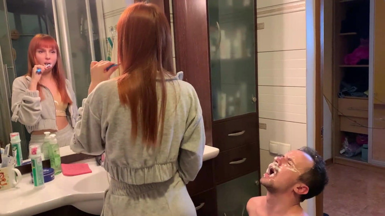 Petite Princesses Femdom: Redhead girl brushes her teeth and spits in slave's mouth -...