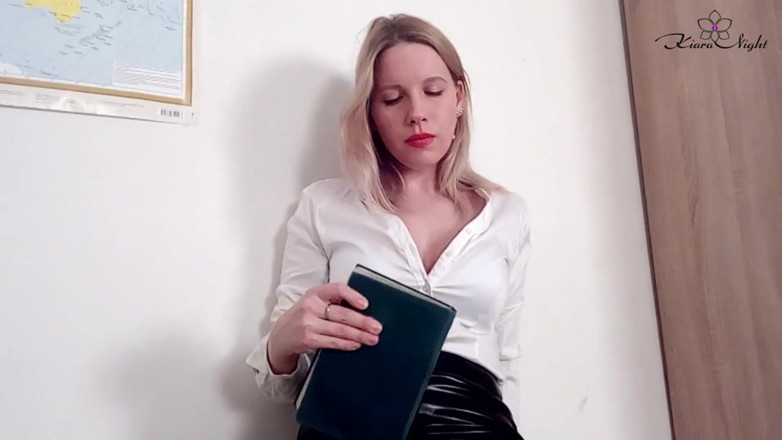 Kiara Night: Horny teacher in pantyhose sensual masturbates pussy and orgasm