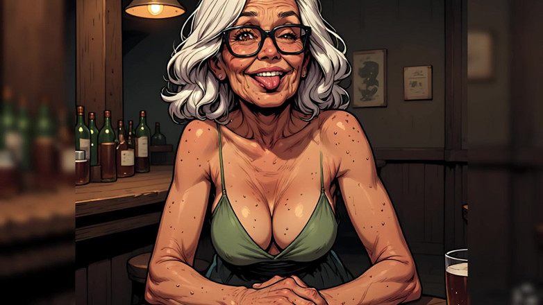 AI Porn: Reife frauen in der bar (titten aus comic-style-kunst)