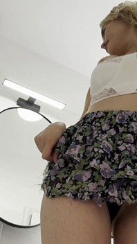 Big Tits Beauty Hot Blonde New Wife in a Cut Modified Short Skirt Loves to Flash Pussy and Ass